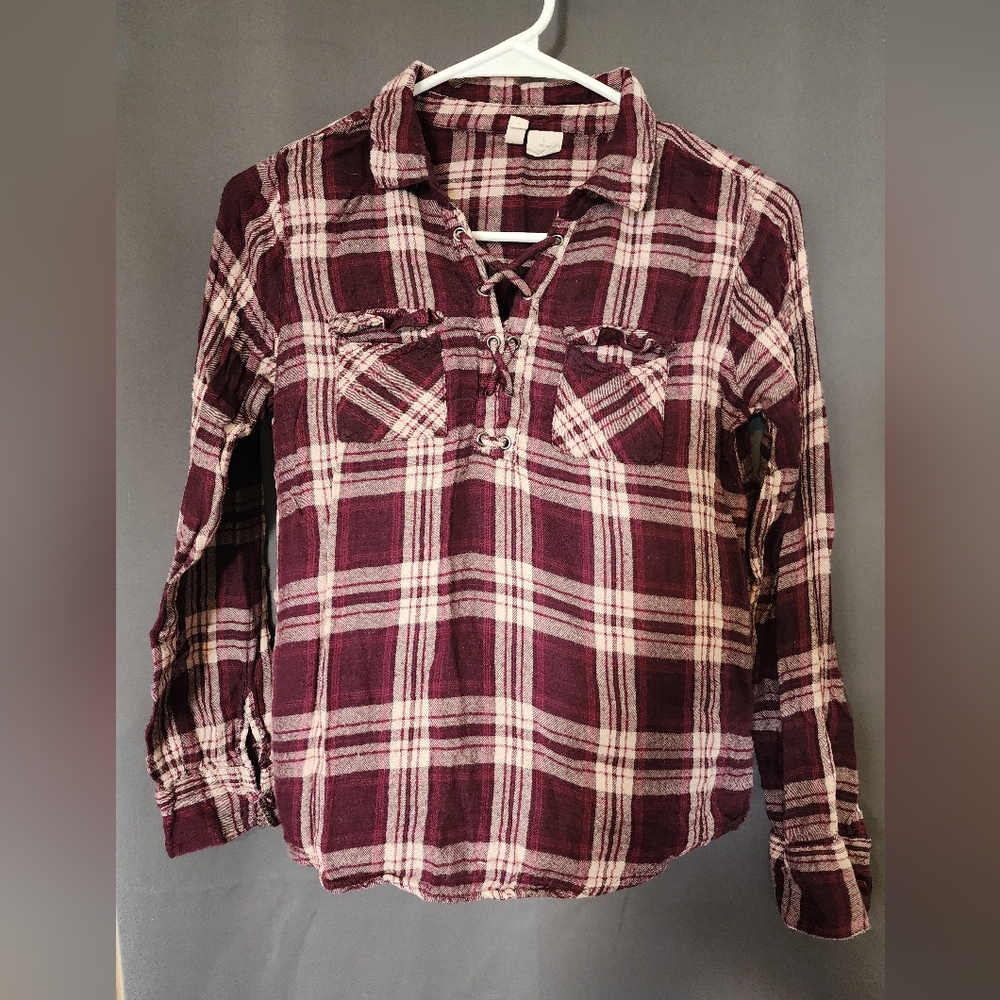 Sky and Sparrow Top, Girl's size Large Burgundy and Cream Plaid Flannel Top